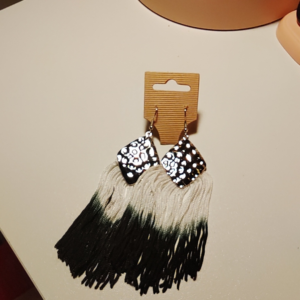 Elegant Black and White Tassel Earrings